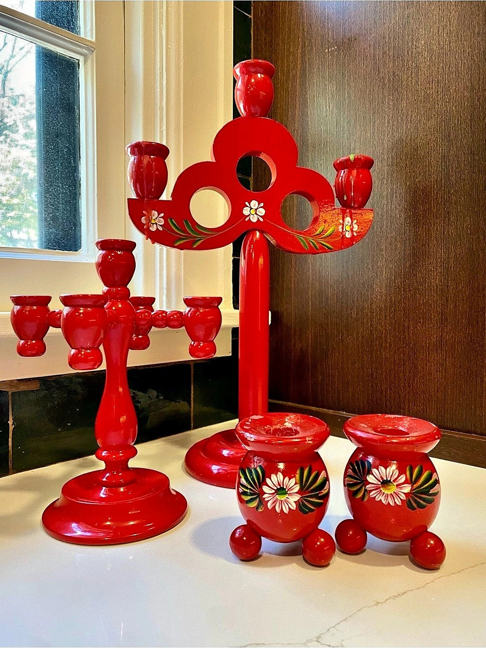 Vintage Swedish Red Wooden Candelabra Lot (4) Folk Art Hand Painted Made in Swed